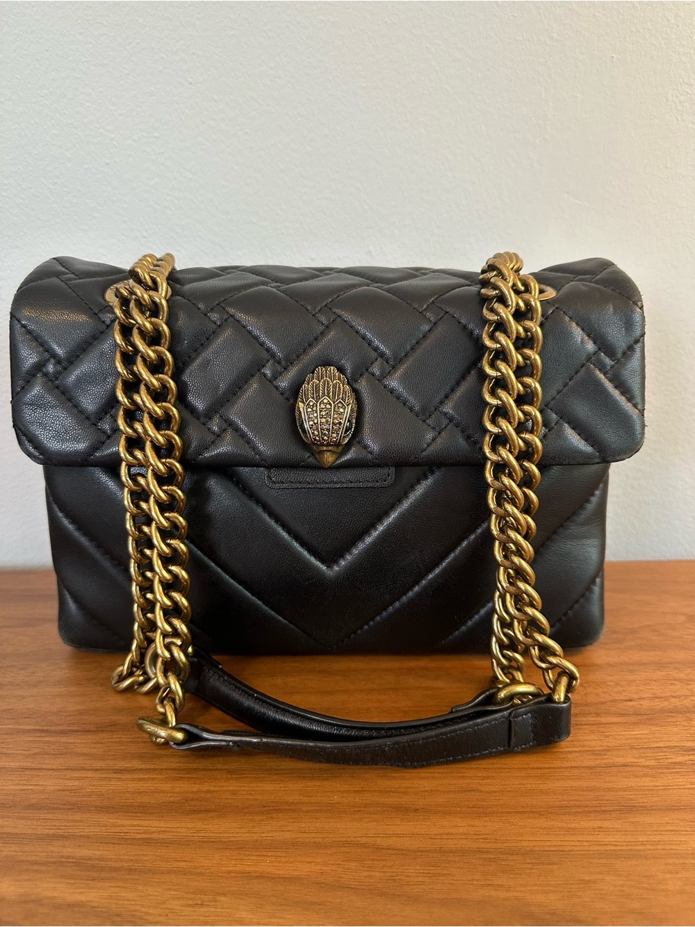 Kurt Geiger Black Quilted Leather Shoulder Bag with Gold Chain Detail